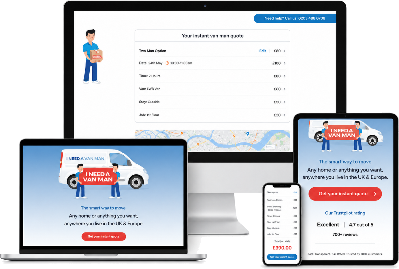 I Need A Van Man quote and booking platform shown across desktop, laptop, tablet and mobile screens